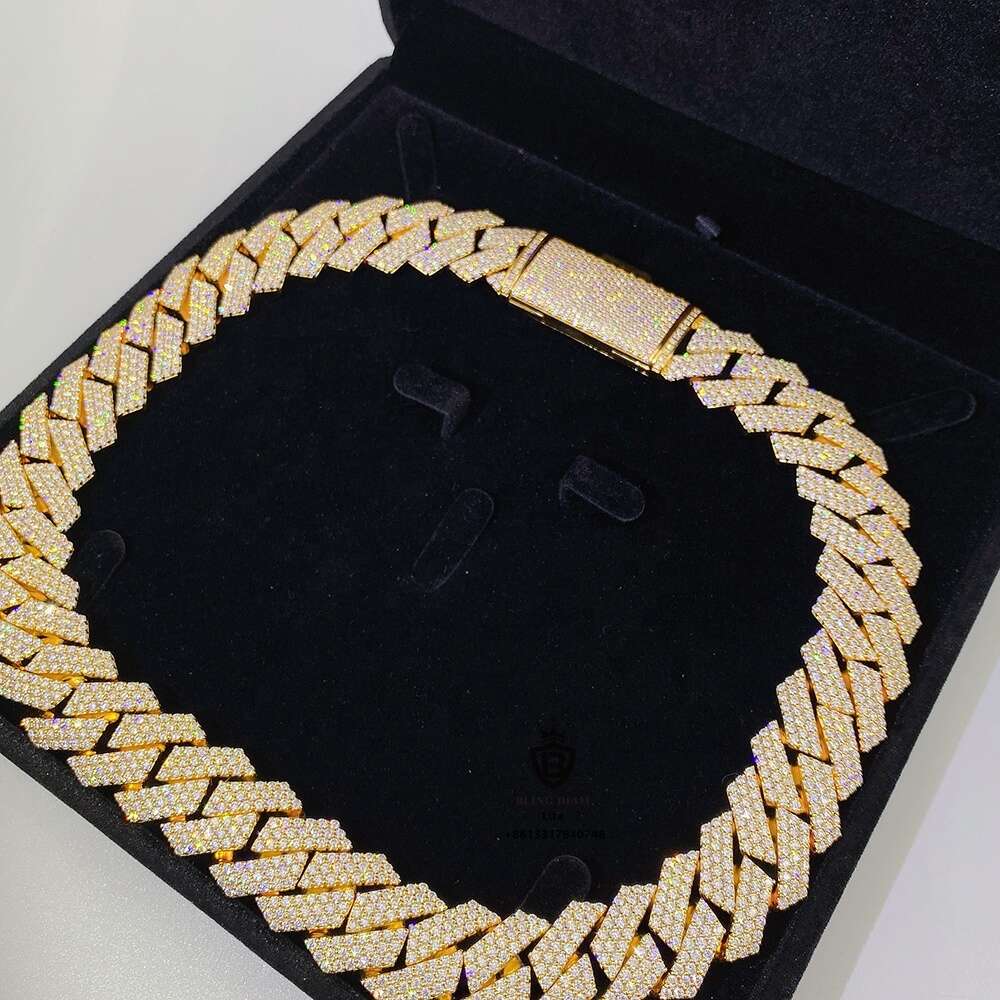 New Arrival Hip Hop Iced Out 20mm Yellow Gold Moissanite Miami Custom Cuban Link Necklace Heavy Cuban Link Hand Chain