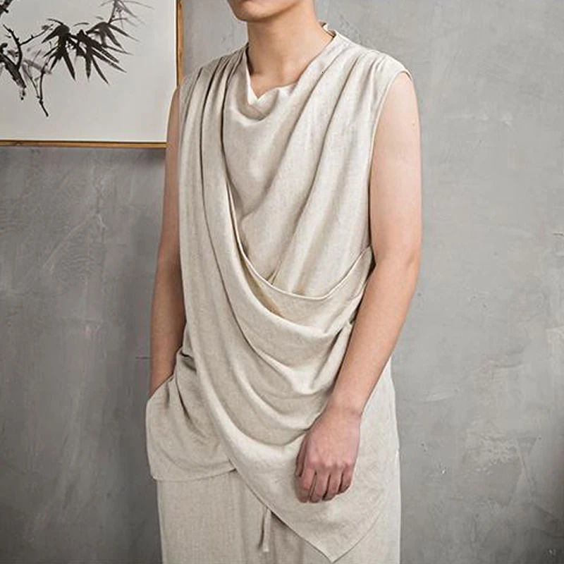 Men Clothes Summer Retro Asymmetrical Chinese Style Cotton Linen Tank Tops Y2K Casual Black White Loose Sleeveless T Shirt Vest 240703