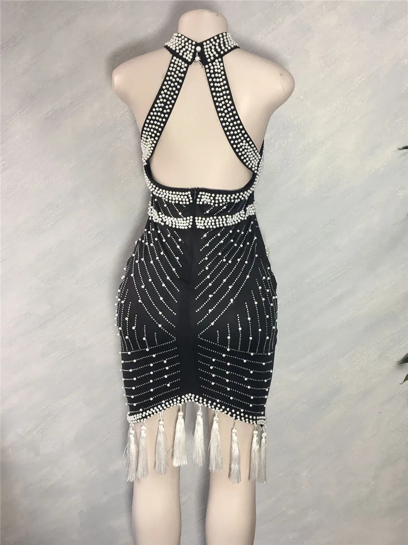 White Black Tassel Beaded Sexy Sleeveless Cocktail Party Dresses For Women Summer Fashion Backless Dinner Club Midi Dress 240710