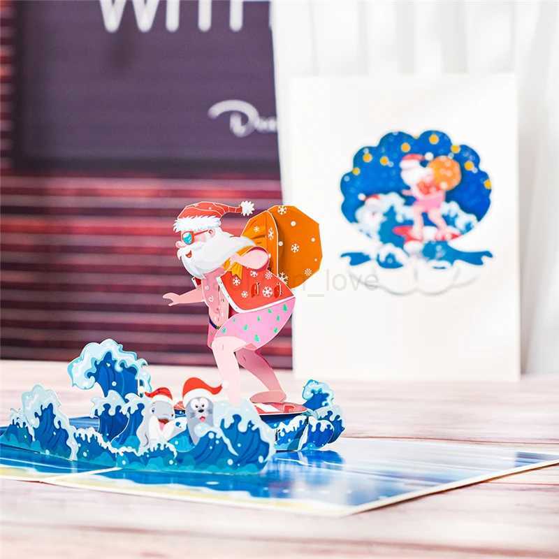 10 Pack Santa Claus Surfing Pop Up Christmas Card 3D Xmas Greeting Cards with Envelope Gift for Holiday Winter New YearM240711