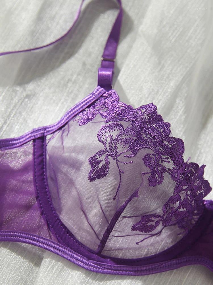 Sexy Set Bras Sets Sexy Lingeries Purple Tulle See Through Lingerie French Intimate Female Underwear Romantic Set Steel Ring Bra And Panty z241025