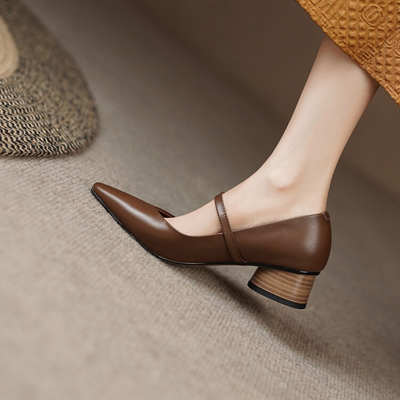 Spring 2023 Square Toe Chunky Heel Genuine New Leather Mary Janes Solid Pumps Retro Shallow Shoes for Women 7197