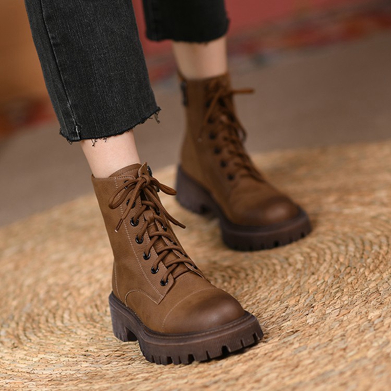 Fall HOT Round Toe Thick Heel Shoes Winter Women Split Leather Casual Platform Motorcycle Boots d0fb
