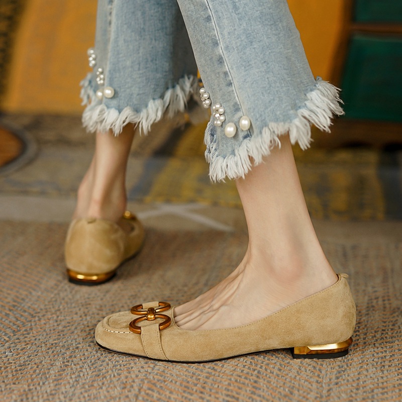 Ladies Flat Retro Square Toe Leather Loafers for Women 2023 Spring Casual Flats Elegant Metal Buckle Female Shoes