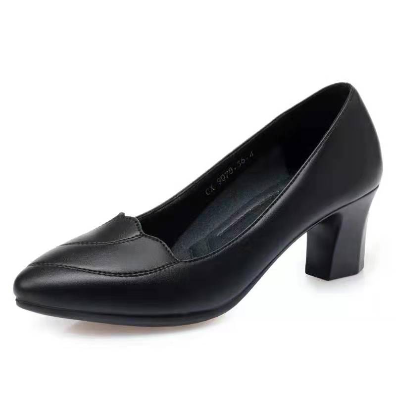 Comfortable Mid-heel Slip-on Work Shoes for Women - Soft Leather, Non-slip, Thick Heel 4 Nonslip,