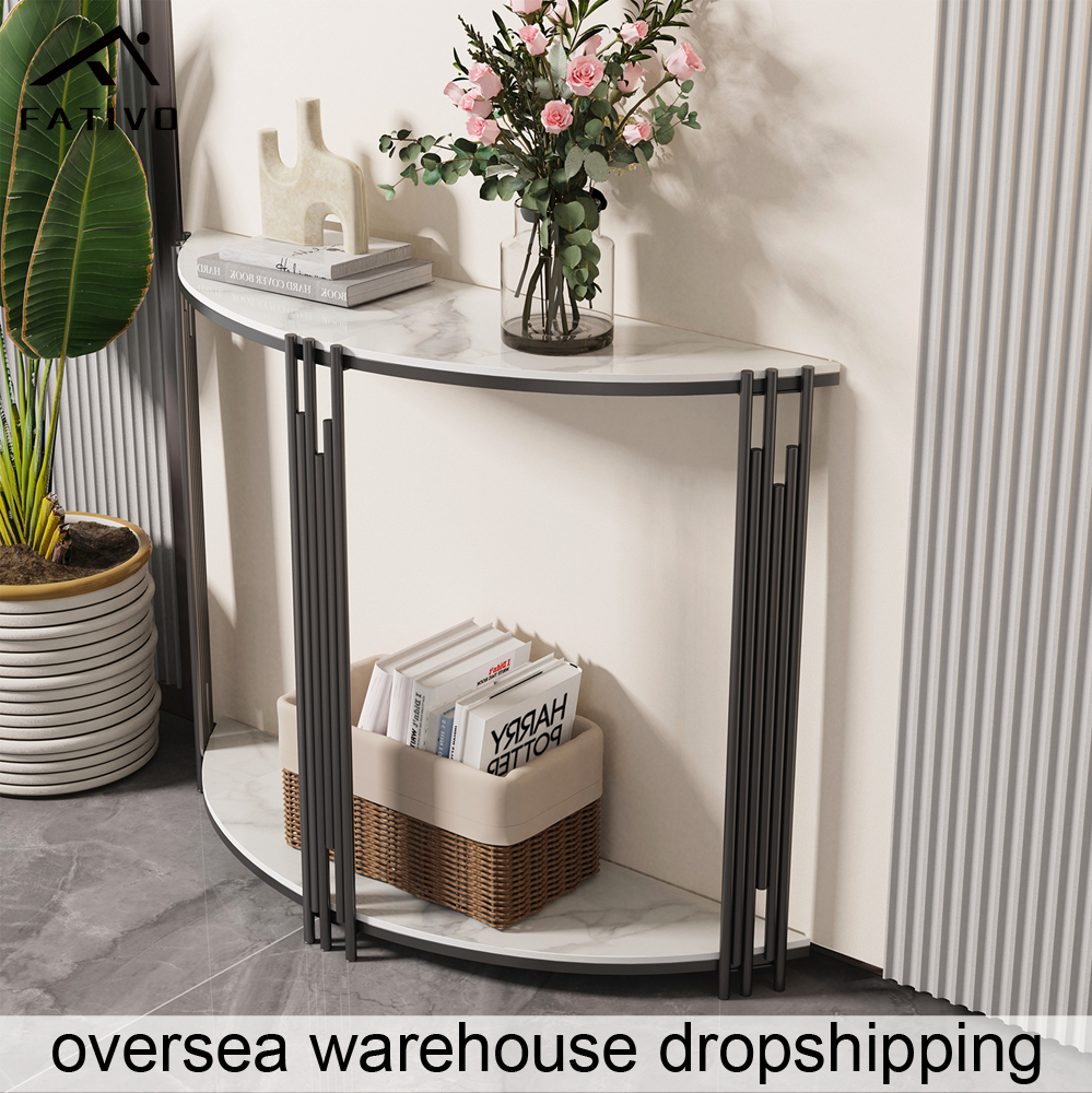 FATIVO Half Moon Console Table with Storage Shelf White Sintered Stone Table and Black Metal for Entryway,Living Room, Hotel, Porch