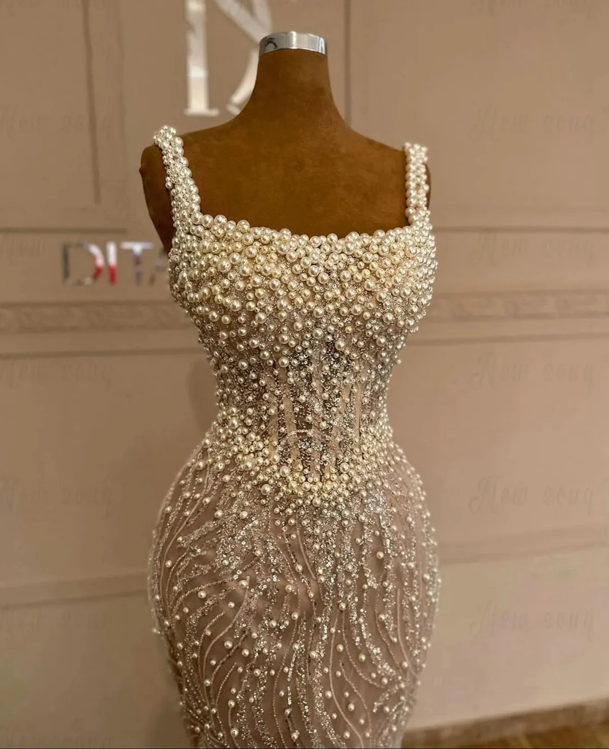 Square Neck Mermaid Wedding Dresses 2025 Sparkg Pearls LaceFormal Sleeveless or Length Trumpet Bridal Gowns