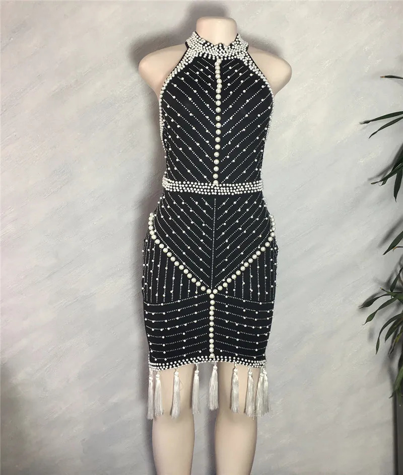 White Black Tassel Beaded Sexy Sleeveless Cocktail Party Dresses For Women Summer Fashion Backless Dinner Club Midi Dress 240710