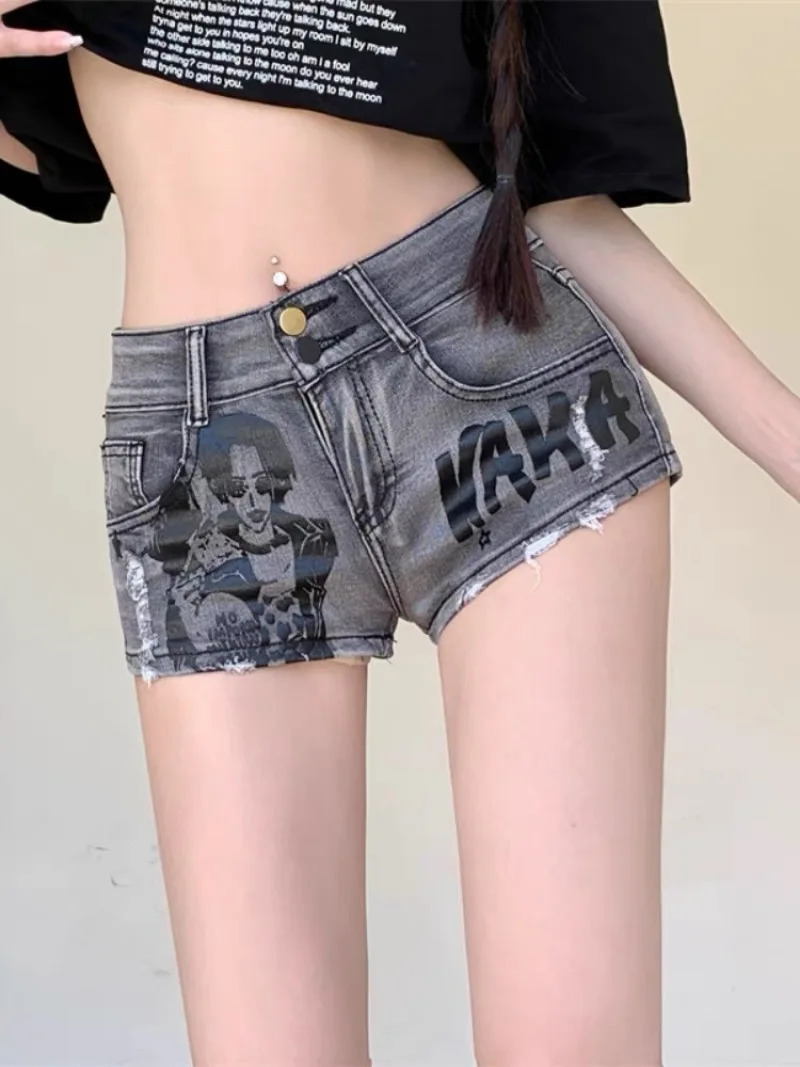 Sexy Fashion Print Short Denim Jeans Vintage American Street Style Shorts Summer Trendy All-match Y2K Trousers 240626