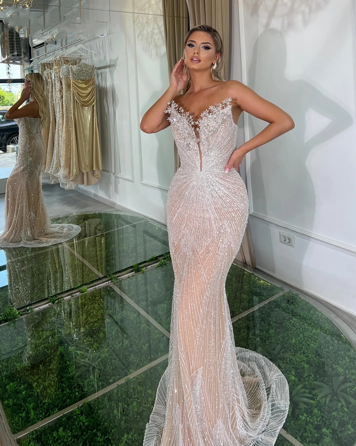 Sequins Mermaid Elegant Prom Dresses Crystal Evening Gowns Illusion Lace Up Strapless Party Dress Sleeveless Vestidos De Noche 6660306