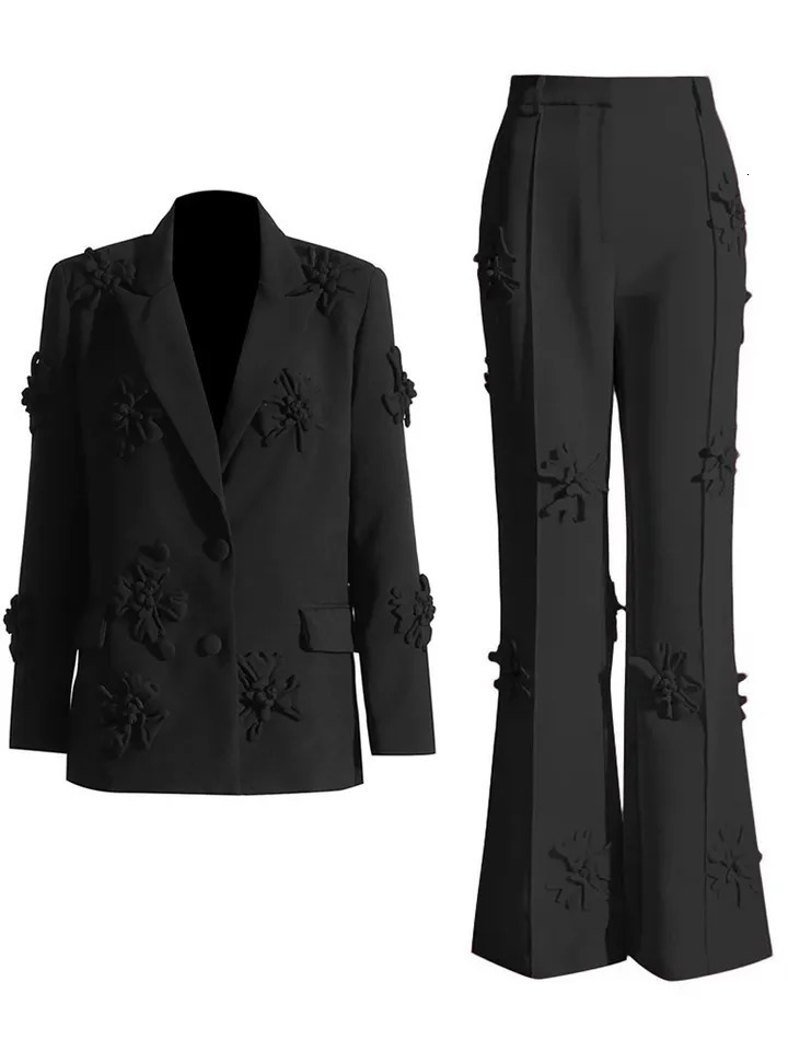 VGH Spliced Appliques Two Piece Sets For Women Lapel Long Sleeve Blazer High Waist Loose Straight Pant Casual Solid Set Female 240704
