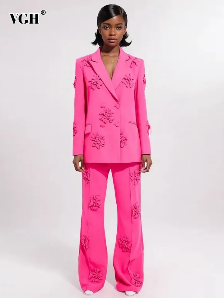 VGH Spliced Appliques Two Piece Sets For Women Lapel Long Sleeve Blazer High Waist Loose Straight Pant Casual Solid Set Female 240704