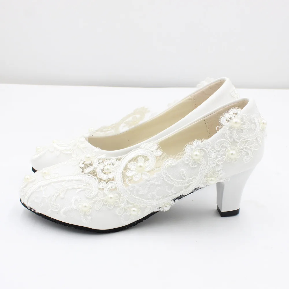 White lace large size womens shoes Bride wedding shoes Low heel bridesmaid shoes round toe high heels BH2203 240708 - view 5