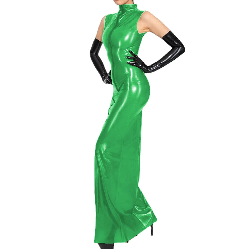Vinyl Plastic PVC Sheath Pencil Long Dress Sleeveless Clear Transparency Slim Front Zipper Maxi Dress Female Club Party S-7XL 240710