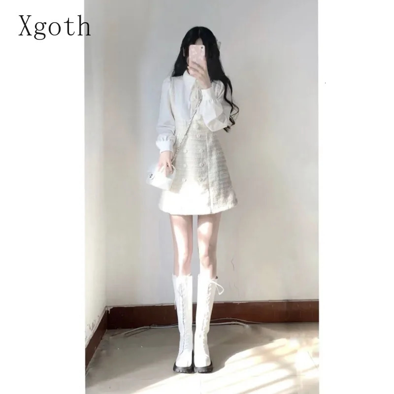 Ladies Dresses Set V-Neck Tweed CoatWaist Retraction White Shirt Spliced Dress Elegant Sweet Commuting Two-Piece Women Clothing 240708