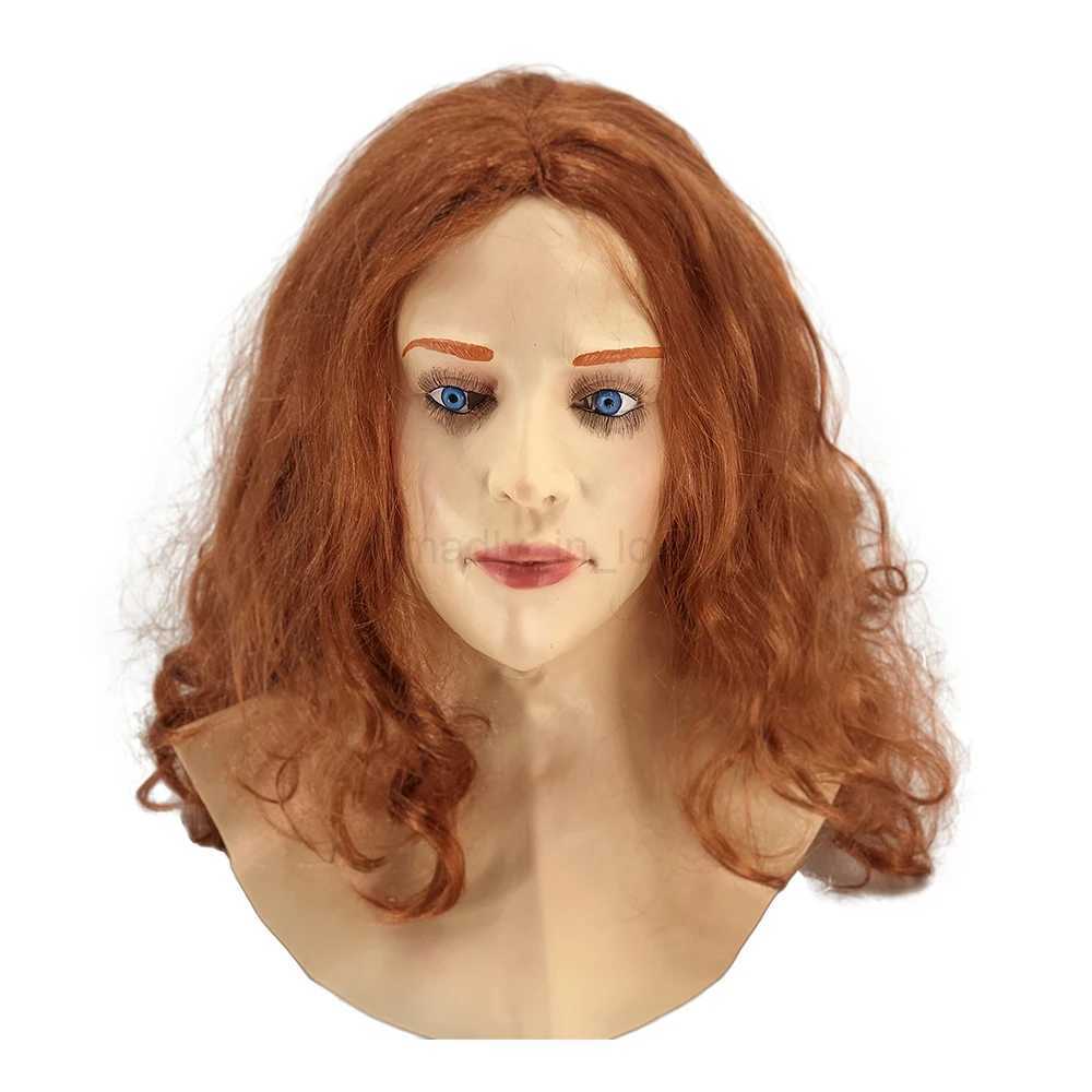 Realistic Female Latex Mask Woman Face Halloween Latex Mask with Wig Lady Crossdressing Sissy Transgender CostumeM240711