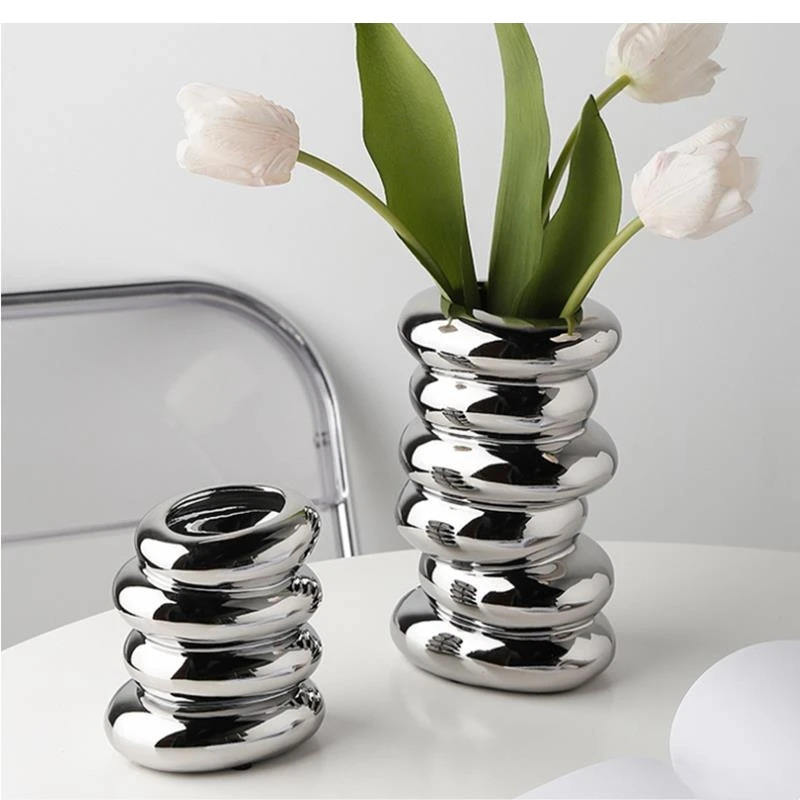 Electroplated Sier Ceramic Nordic Decoration Home Shaped Spiral Vase Living Room wer Arrangement Container 240709