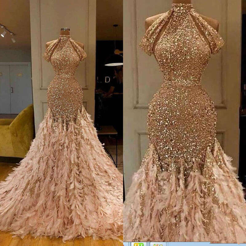 Newest Glitter Mermaid Evening Champagne Feather Sequins High Neck Lace Formal Party Gowns Custom Made Long Prom Dresses