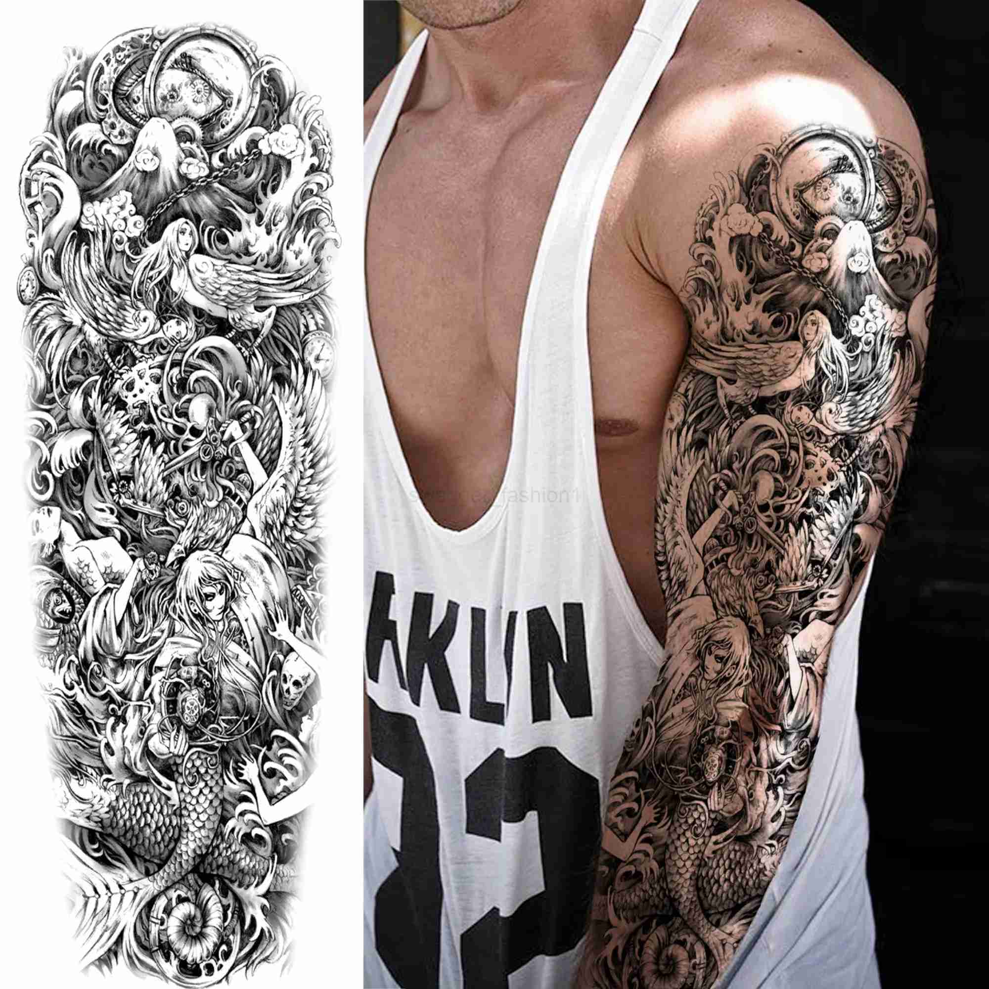Super Large Compass Wolf Head Eye Temporary Tattoo Sleeves For Men Women Fake Lion God Feather Tatoo DIY Full Arm Tattoo StickerB240711