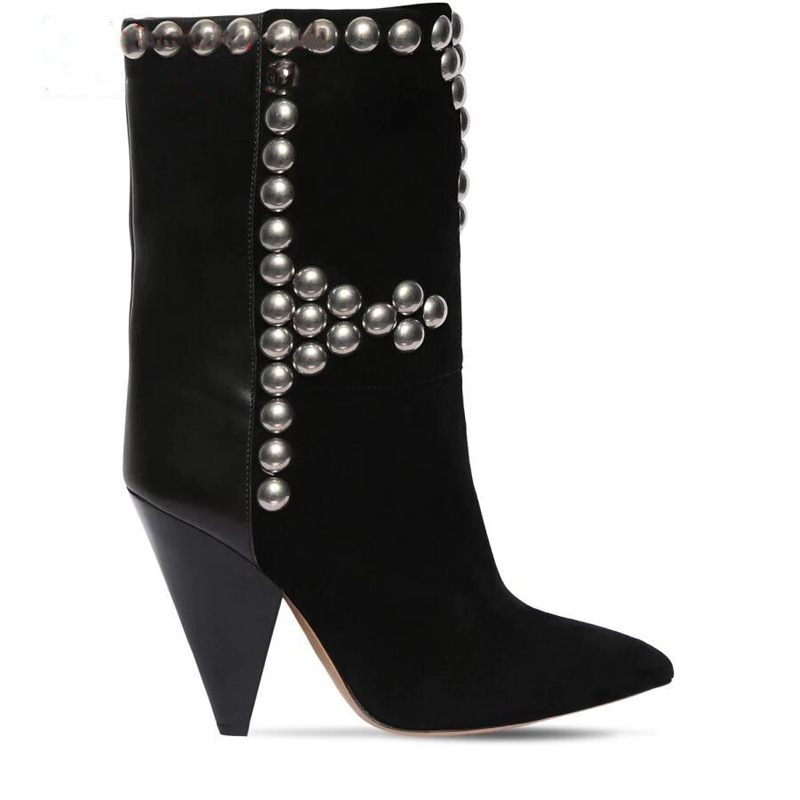 Brand Rivet Inlaid Women's Knee High Boots Cowhide Suede Stage Show Ankle Boots Fashionable Sexy Autumn Winter Womans Shoes