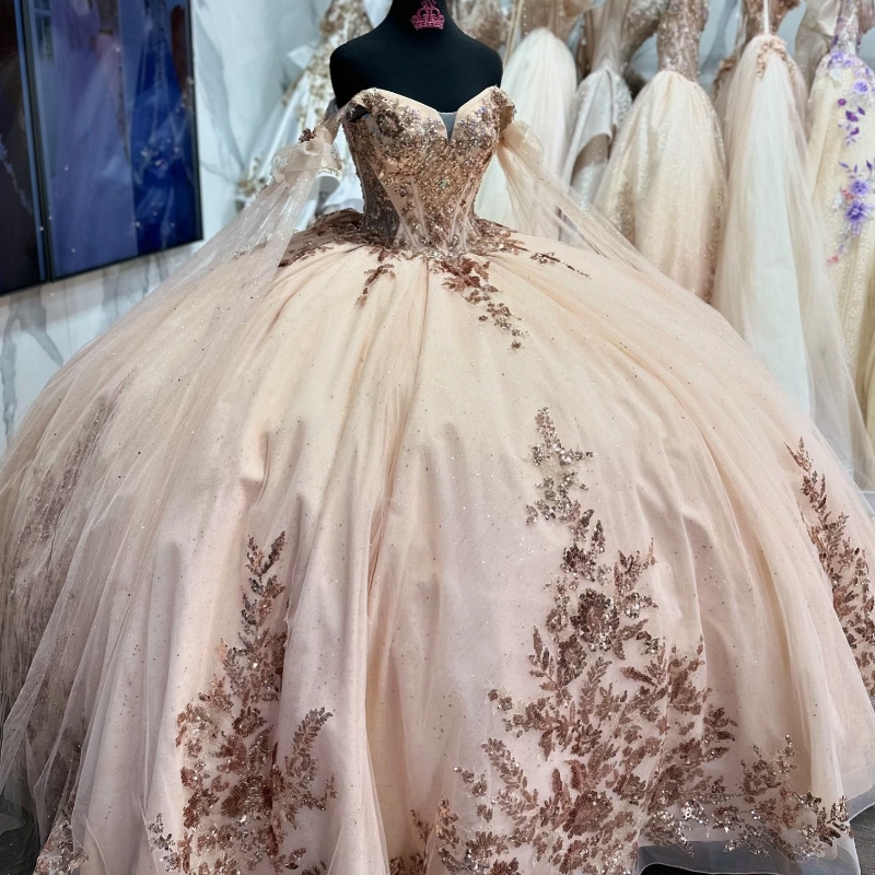 Champagne Quinceanera Dress Ball Gown Off The Shoulder Appliques Lace Beading Tull Tassel Sweet 16 Vestidos De 15 Anos