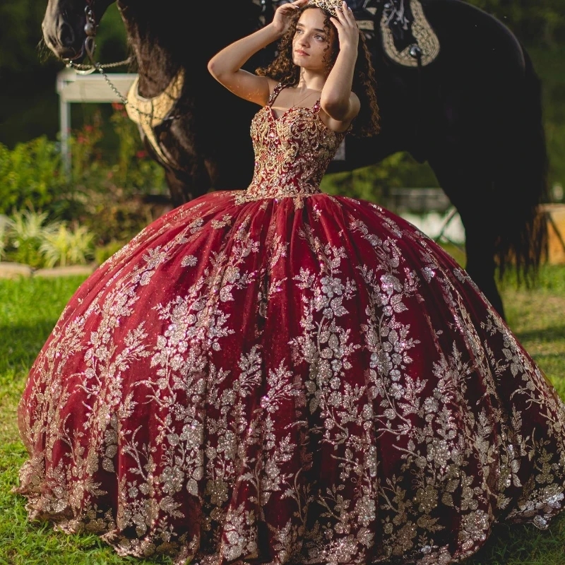 Sparkling Red Sweetheart Quinceanera Dress Gold Appliques Lace Beads Party Sweet 16 Ball Gown Graduation Prom Gowns vestidos de