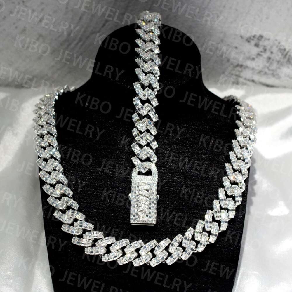 Baguette Cut 925 Silver Miami Vvs Moissanite Cuban Chain Past Diamond Tester Iced Out Men Hip Hop Cuban Link Necklace