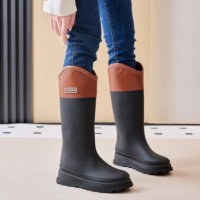 Knee Solid Soft Rainboots Shallow Rain Womens Adult Galoshes High Boots Four Season Water Shoes 240626