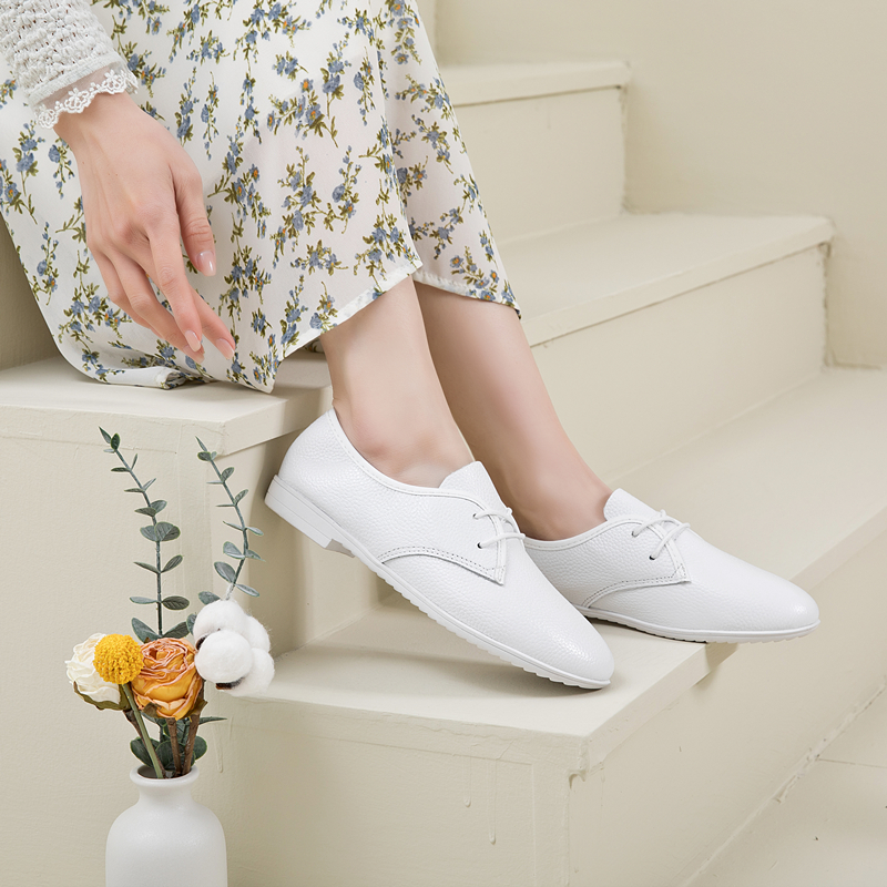 AIYUQI Nurse Shoes Women 2024 Lace-up British Style Simple Cowhide Leather Ballet Flat Casual White Shoes Women Martial Arts Shoes