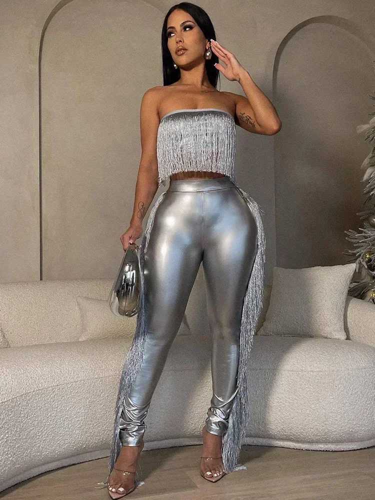 Womens Two Piece Pants Sexy Metal Tower Pants Set for Womens 2piece Birthday Set Club Clothing Strapless Crop Top and Pants Matching Set Y2k Unprinted