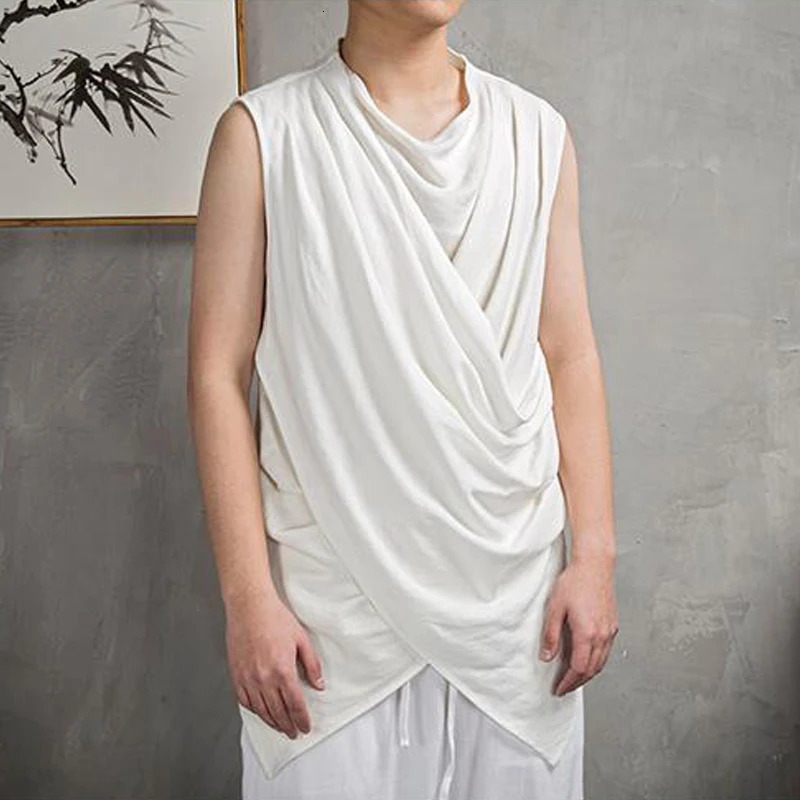 Men Clothes Summer Retro Asymmetrical Chinese Style Cotton Linen Tank Tops Y2K Casual Black White Loose Sleeveless T Shirt Vest 240703
