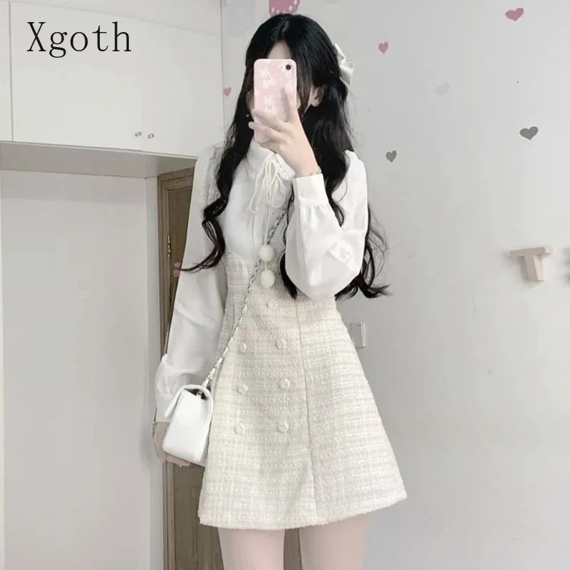 Ladies Dresses Set V-Neck Tweed CoatWaist Retraction White Shirt Spliced Dress Elegant Sweet Commuting Two-Piece Women Clothing 240708