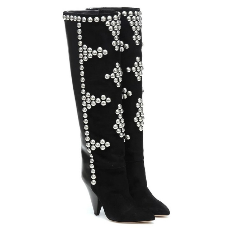 Brand Rivet Inlaid Women's Knee High Boots Cowhide Suede Stage Show Ankle Boots Fashionable Sexy Autumn Winter Womans Shoes