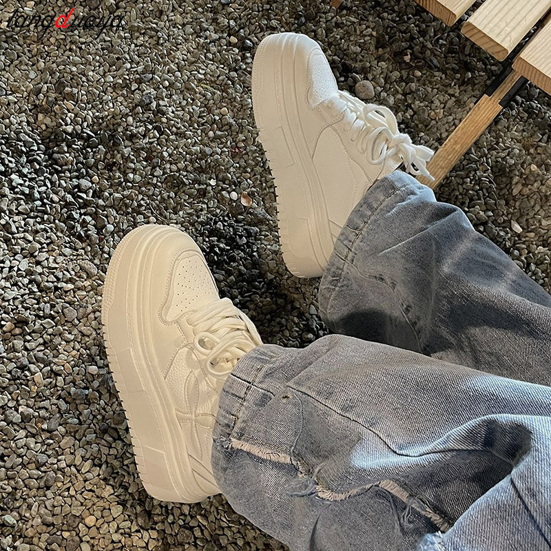 Korean Style White Sports Shoes: Platform Sneakers for Women
