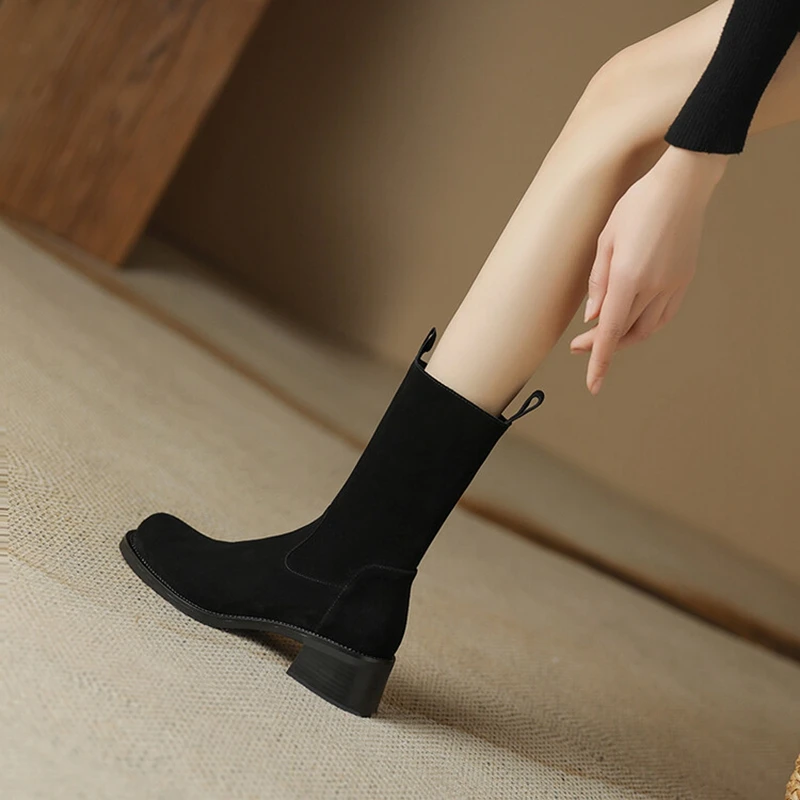 Autumn NEW Round Toe Chunky Heel Cow Suede Leather for Women Zipper Mid-calf Boots Winter Ladies Shoes 543b