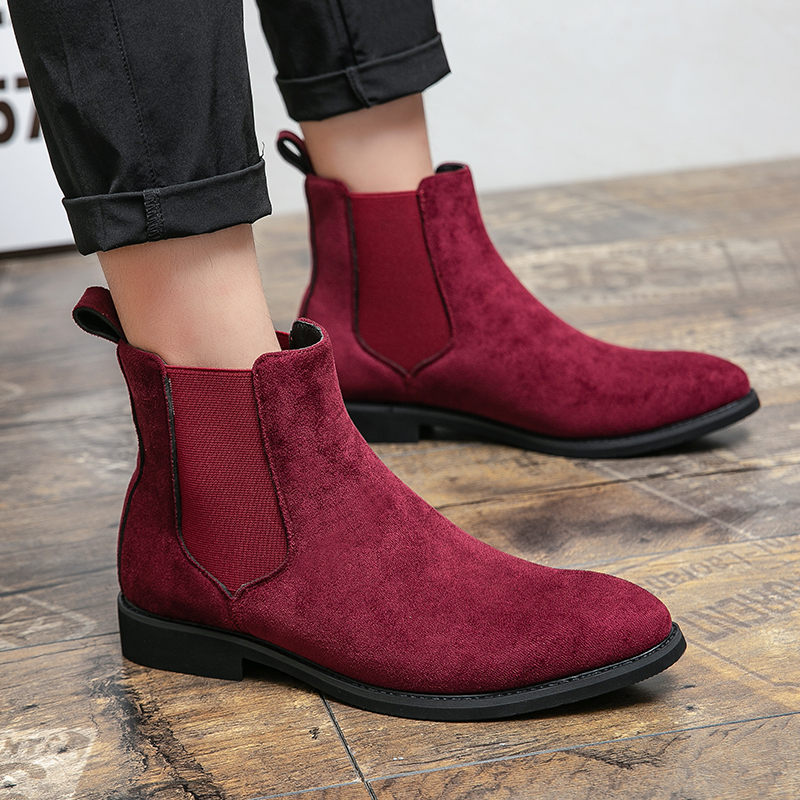 38~48 Mens Suede Leather Classic Red Black Designer Business Casual British Style Male Slip-On Fashion Ankle Boots 44b2