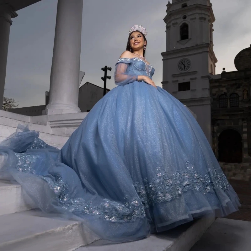 Blue Shiny Off the Shoulder Quinceanera Dresses Ball Gown Appliques Lace Beaded Long Sleeved Mexican Sweet 16 Dresses 15