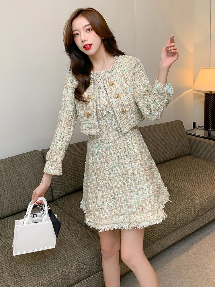 Autumn Small Fragrance Tweed 2 Piece Set Women Elegant Short Jacket Coat Mini Tank Tassel Wool Blend Dress Suits 240708