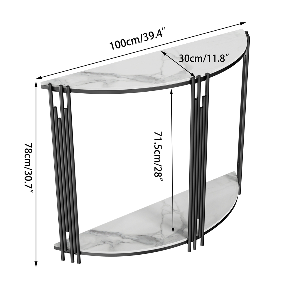 FATIVO Half Moon Console Table with Storage Shelf White Sintered Stone Table and Black Metal for Entryway,Living Room, Hotel, Porch