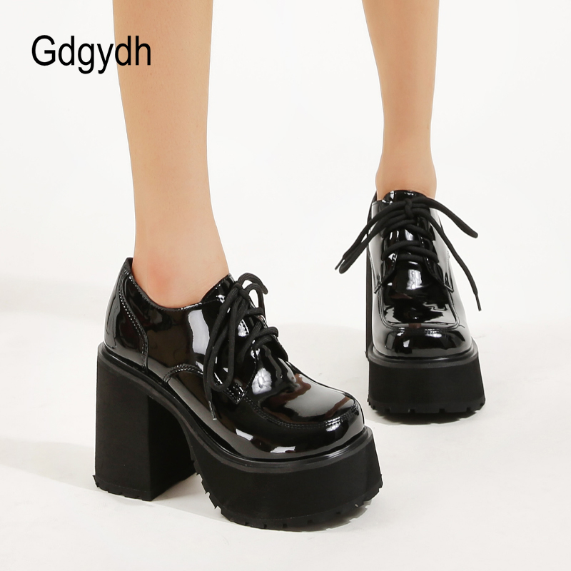 Gdgydh Patent Leather Chunky Loafers Women Platform Heels Pumps Lace Up Comfort White Daughter School Party Shoes Plus Size
