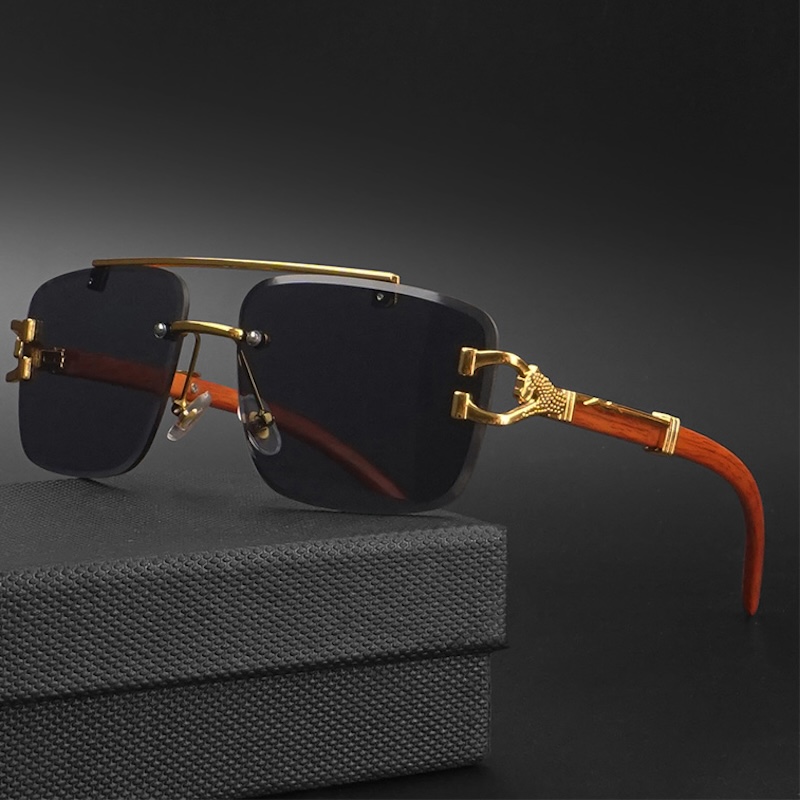 Square Rimless Sunglasses Men Retro Flat Top Double Bridges Metal Frame Men's Sunglasses Luxury Gold Lion Decoration Women Sun Glasses Eyewear S1