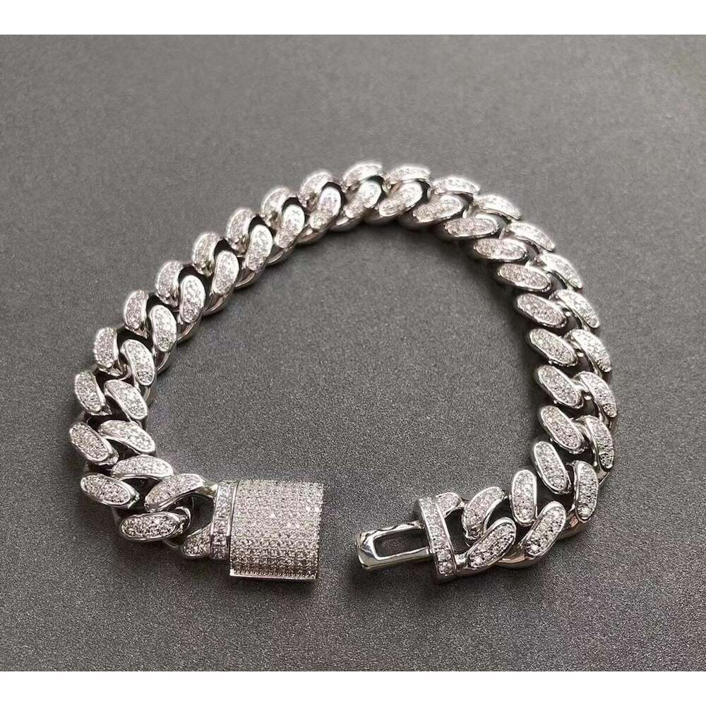 Aaa Gems 14mm Iced Out Moissanite Diamond Hip Hop Chains 925 Silver/18k Gold Prong Setting Miami Cuban Chain Bracelet for Mens