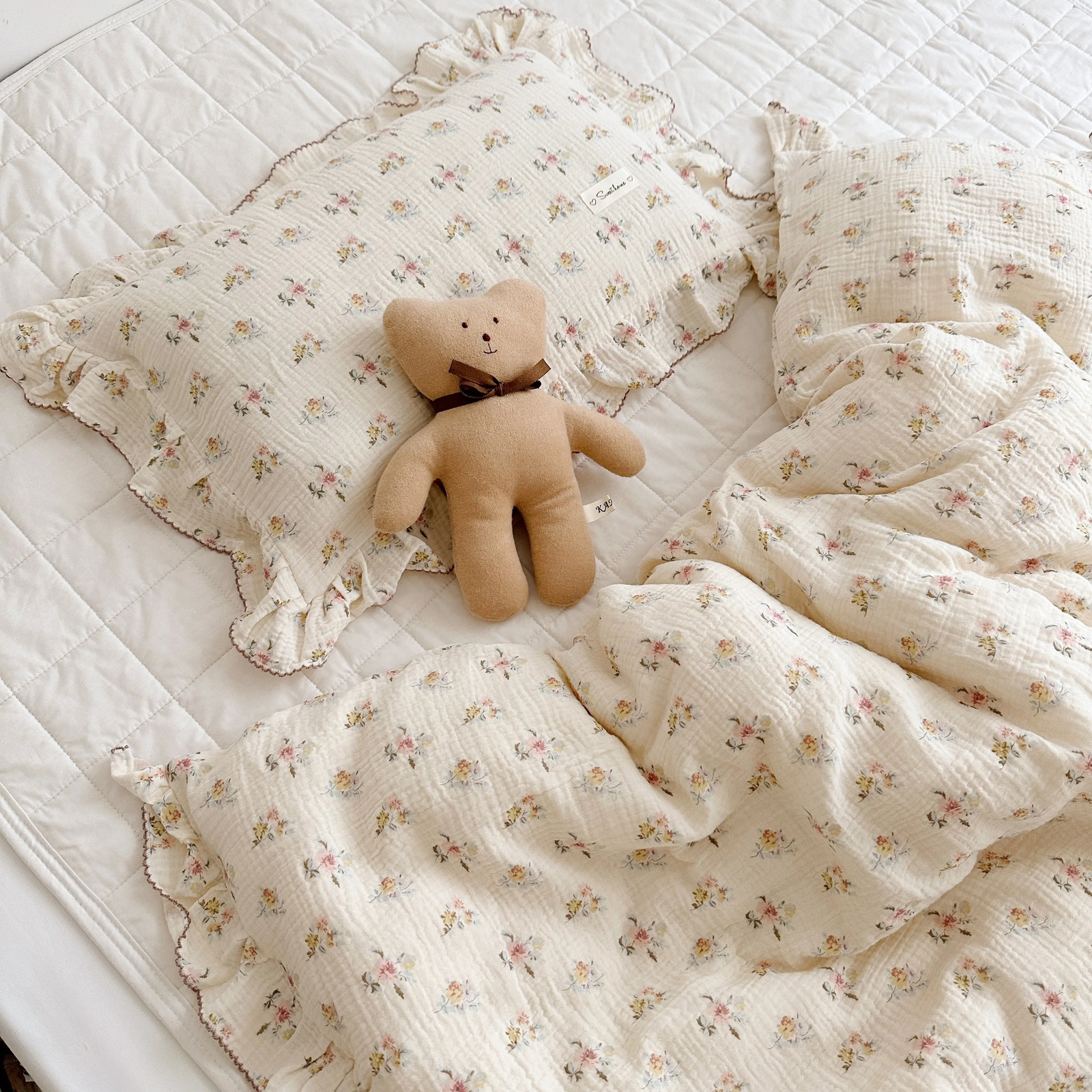 Vintage Floral Muslin Cotton Baby Crib Bedding Set Children Bed Linen Duvet Cover Pillowcase Without Filler 240705