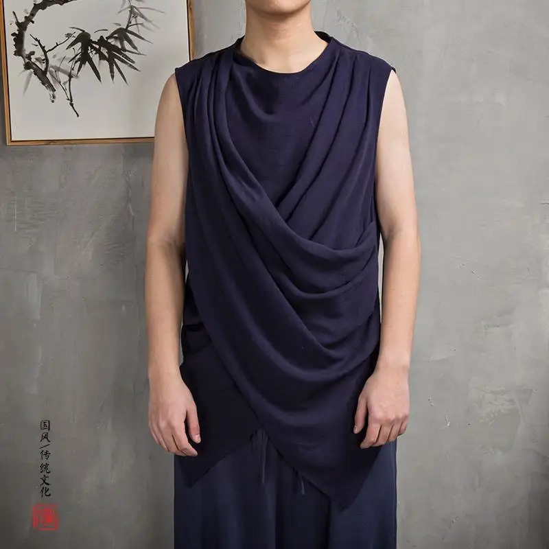 Men Clothes Summer Retro Asymmetrical Chinese Style Cotton Linen Tank Tops Y2K Casual Black White Loose Sleeveless T Shirt Vest 240703