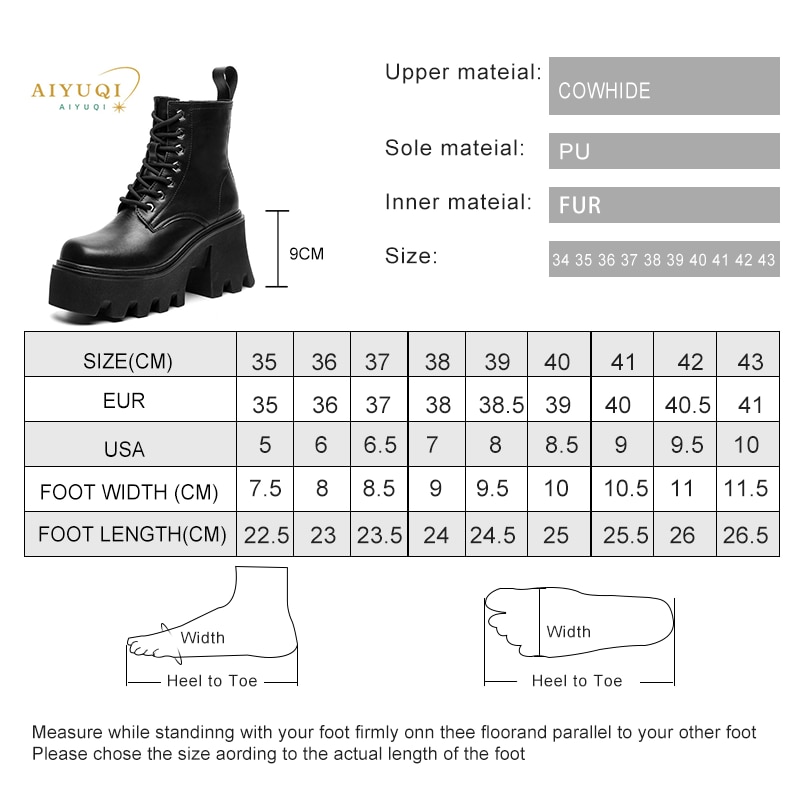 Women Booties High Heel Large Size Square Head Genuine Leather Women Ankle Boots Platform British Style Fur Winter Boots Women