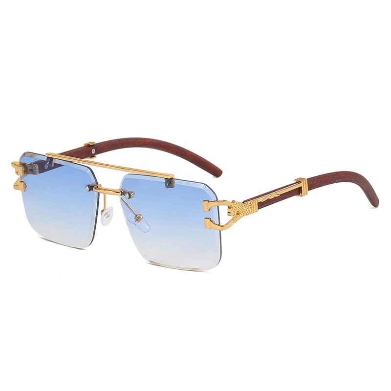 Square Rimless Sunglasses Men Retro Flat Top Double Bridges Metal Frame Men's Sunglasses Luxury Gold Lion Decoration Women Sun Glasses Eyewear S1