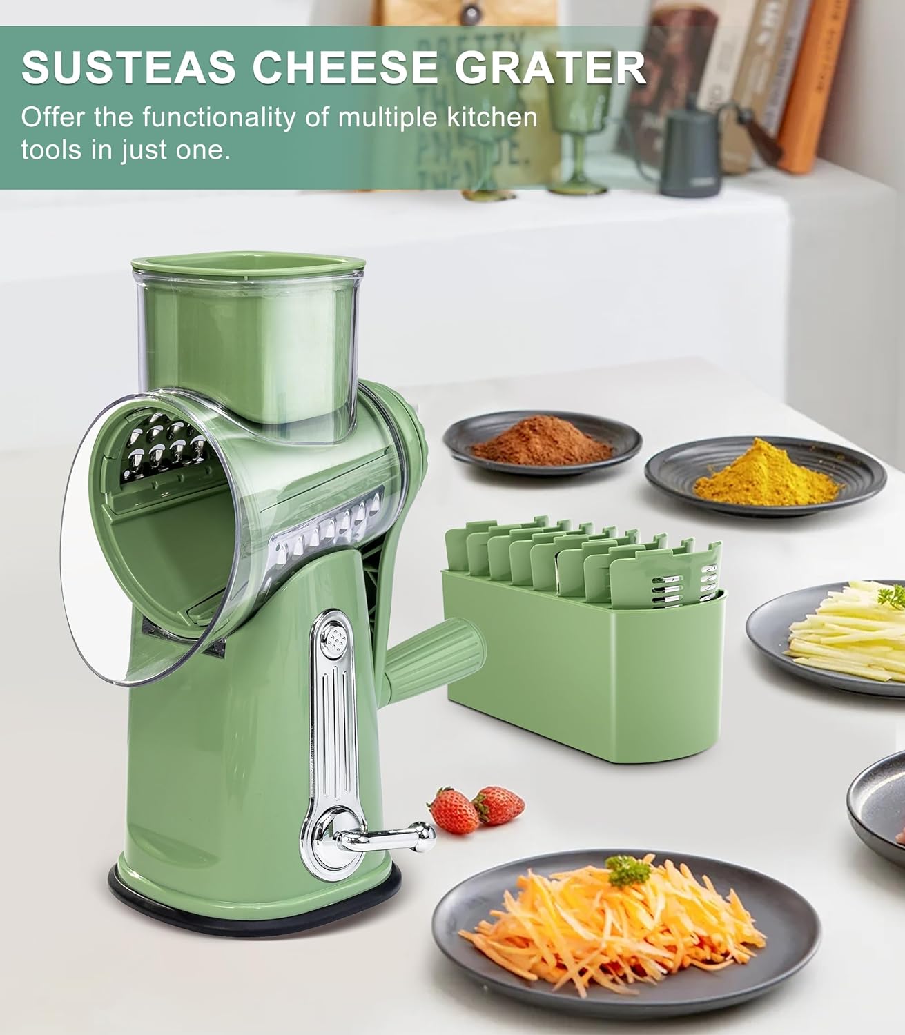 Rotary Cheese Grater with Handle Food Shredder with 5 Well-designed Blades Round Mandoline Slicer Vegetable Grater
