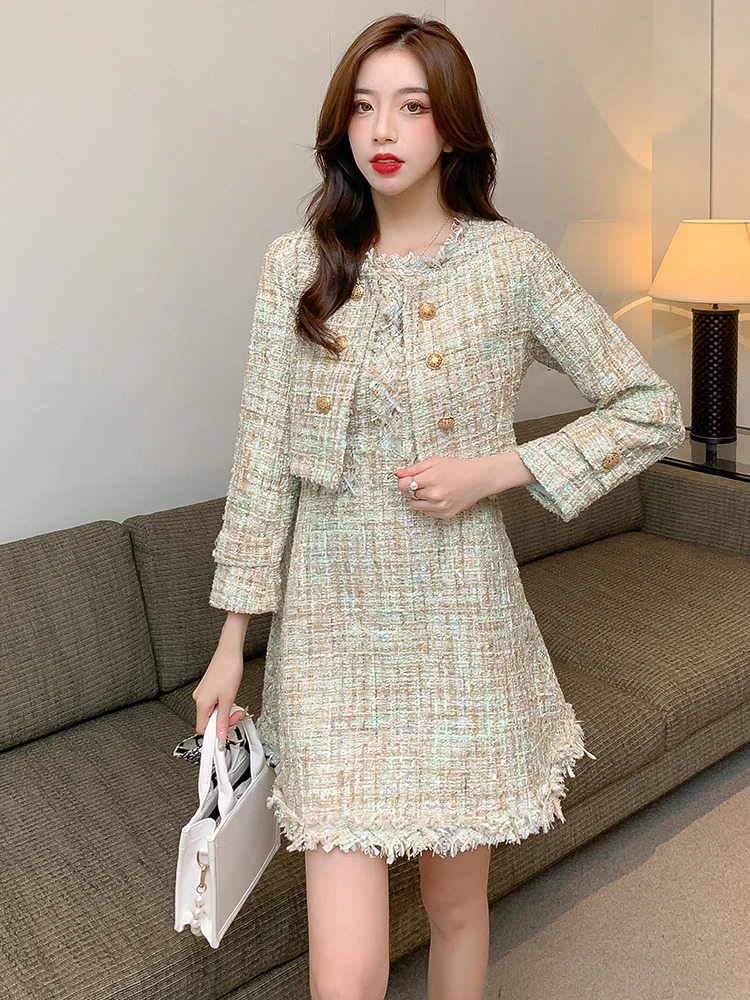 Autumn Small Fragrance Tweed 2 Piece Set Women Elegant Short Jacket Coat Mini Tank Tassel Wool Blend Dress Suits 240708