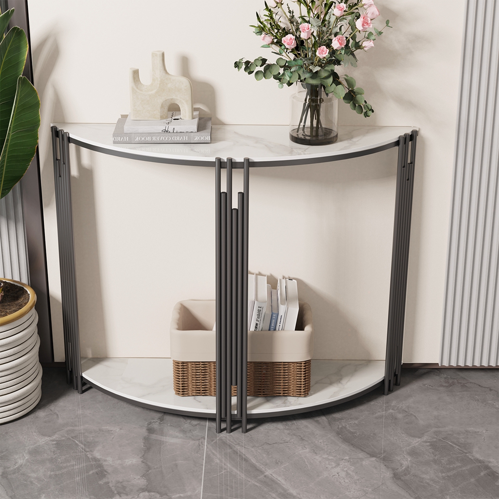 FATIVO Half Moon Console Table with Storage Shelf White Sintered Stone Table and Black Metal for Entryway,Living Room, Hotel, Porch