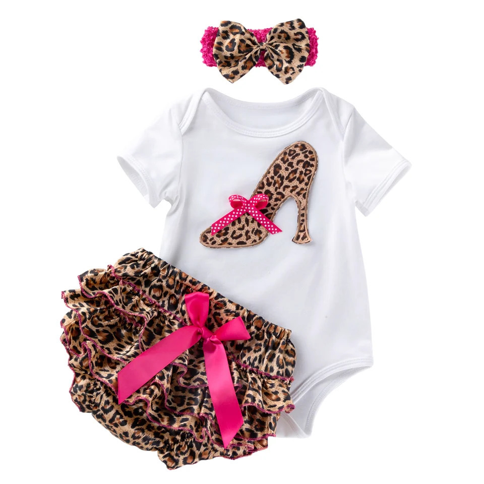 3Pcs Set Baby borns Summer Cotton Short Sleeve Leopard Bodysuit Highheeled Shoes Christmas Ruffle Girl Clothes 240706